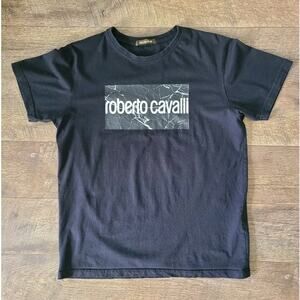 Roberto Cavalli Mens Shirt Large Black Graphic Print Logo Short Sleeve Crew Neck